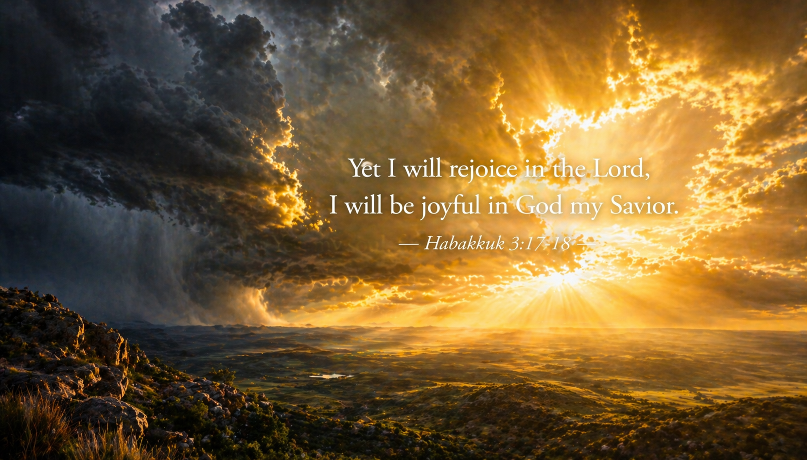 Dramatic storm clearing over open landscape dark clouds one side golden sunlight breaking through other side rolling fields -- Habakkuk 3:17-18 wallpaper